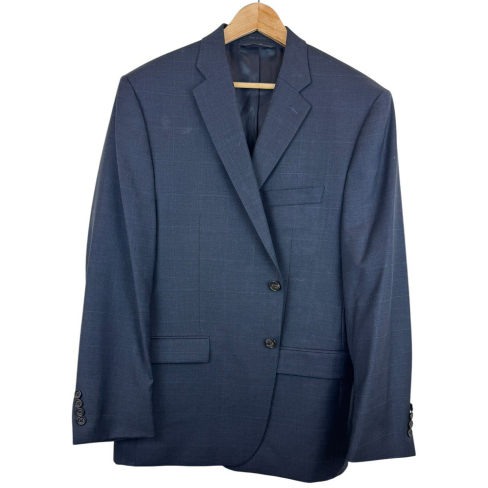 Lauren Ralph Lauren 100% Wool Blazer Mens 46R Windowpane Blue Two Button Jacket